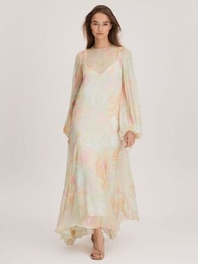 NWT Reiss Brand New Beautiful Maxi Asymmetrical Flowy Dress With Bishop Sleeves